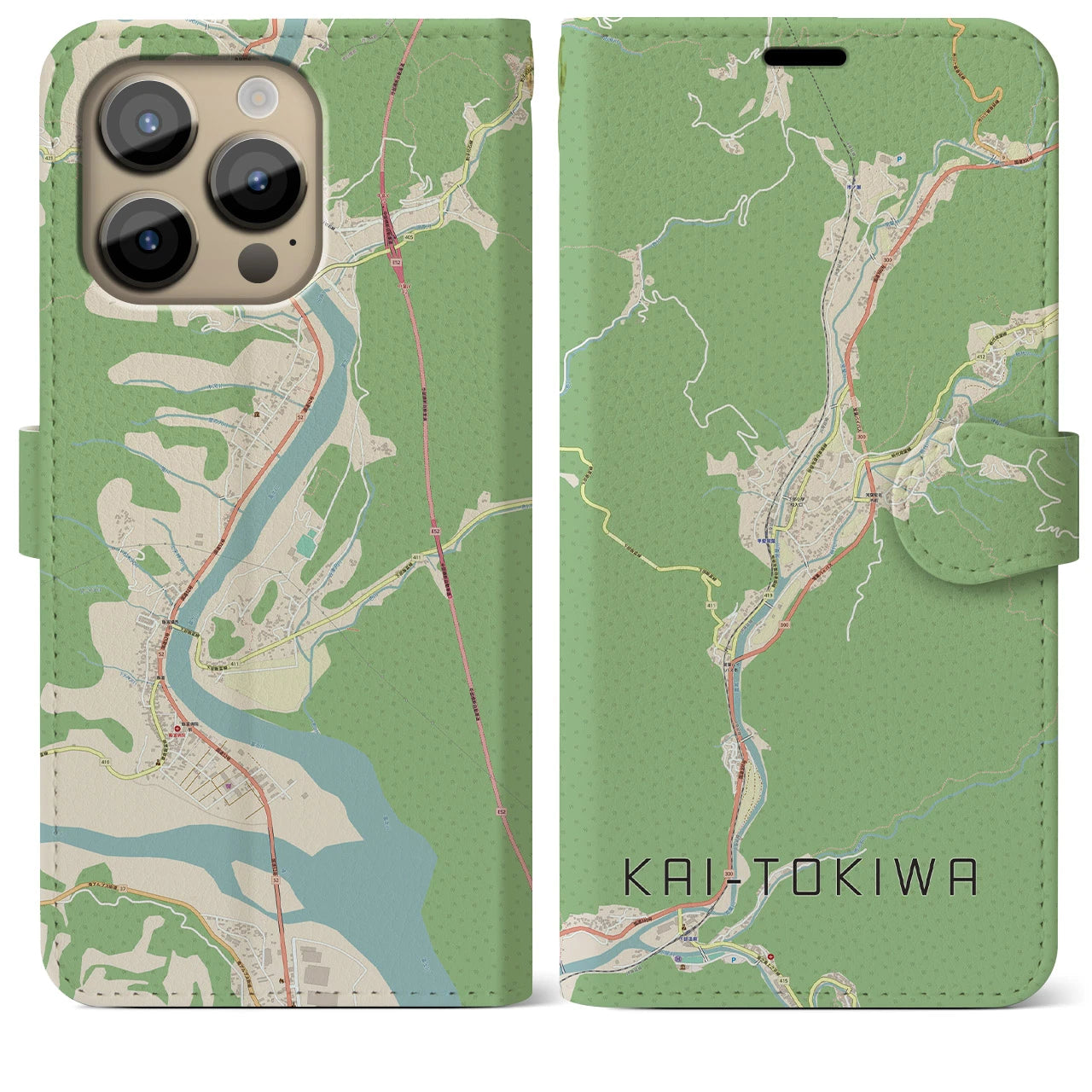 【甲斐常葉(山梨県)】地図柄iPhoneケース(手帳タイプ)ナチュラル・iPhone 14 Pro Max 用