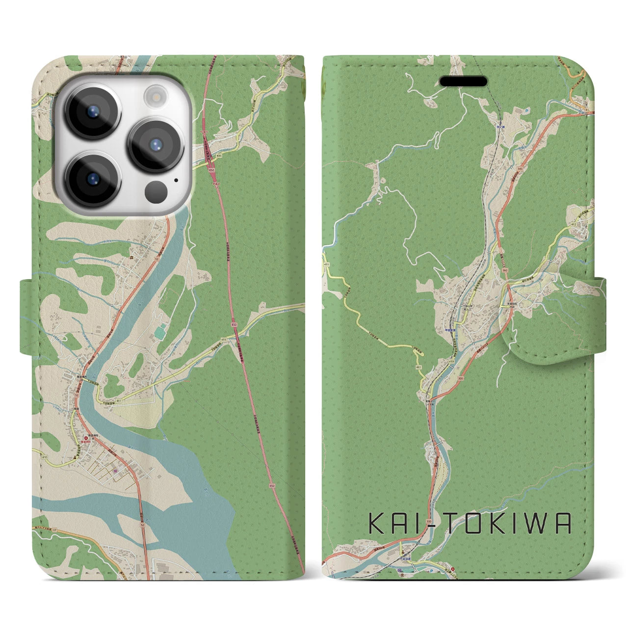 【甲斐常葉(山梨県)】地図柄iPhoneケース(手帳タイプ)ナチュラル・iPhone 14 Pro 用
