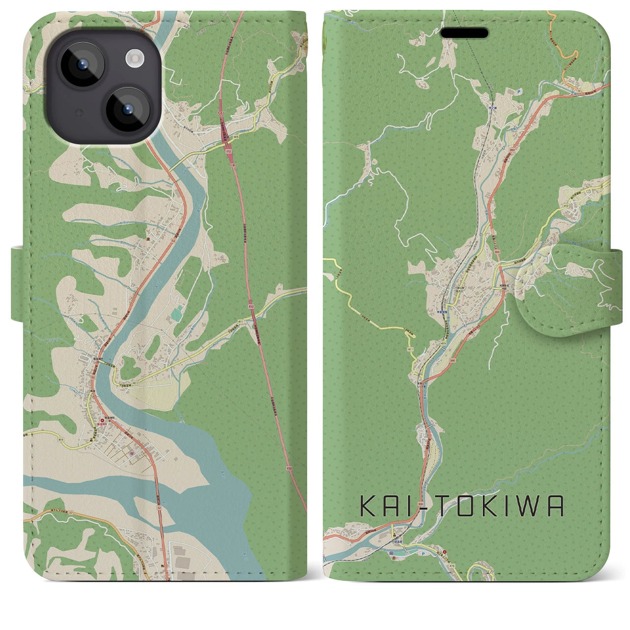 【甲斐常葉(山梨県)】地図柄iPhoneケース(手帳タイプ)ナチュラル・iPhone 14 Plus 用