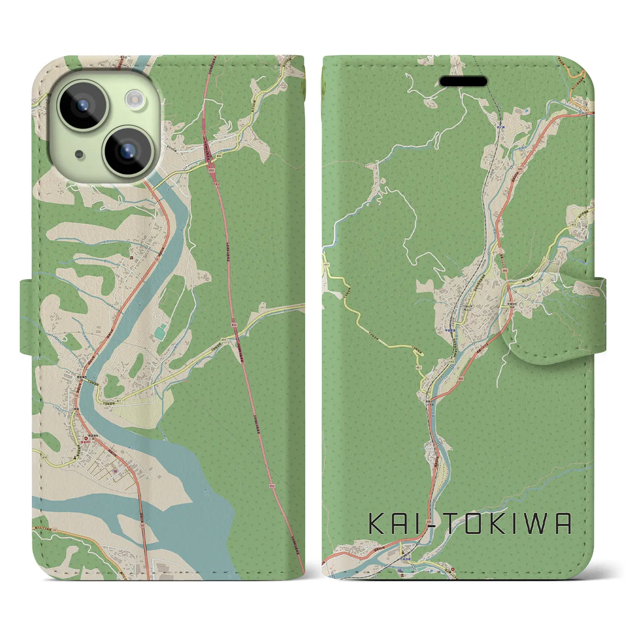 【甲斐常葉(山梨県)】地図柄iPhoneケース(手帳タイプ)ナチュラル・iPhone 15 用