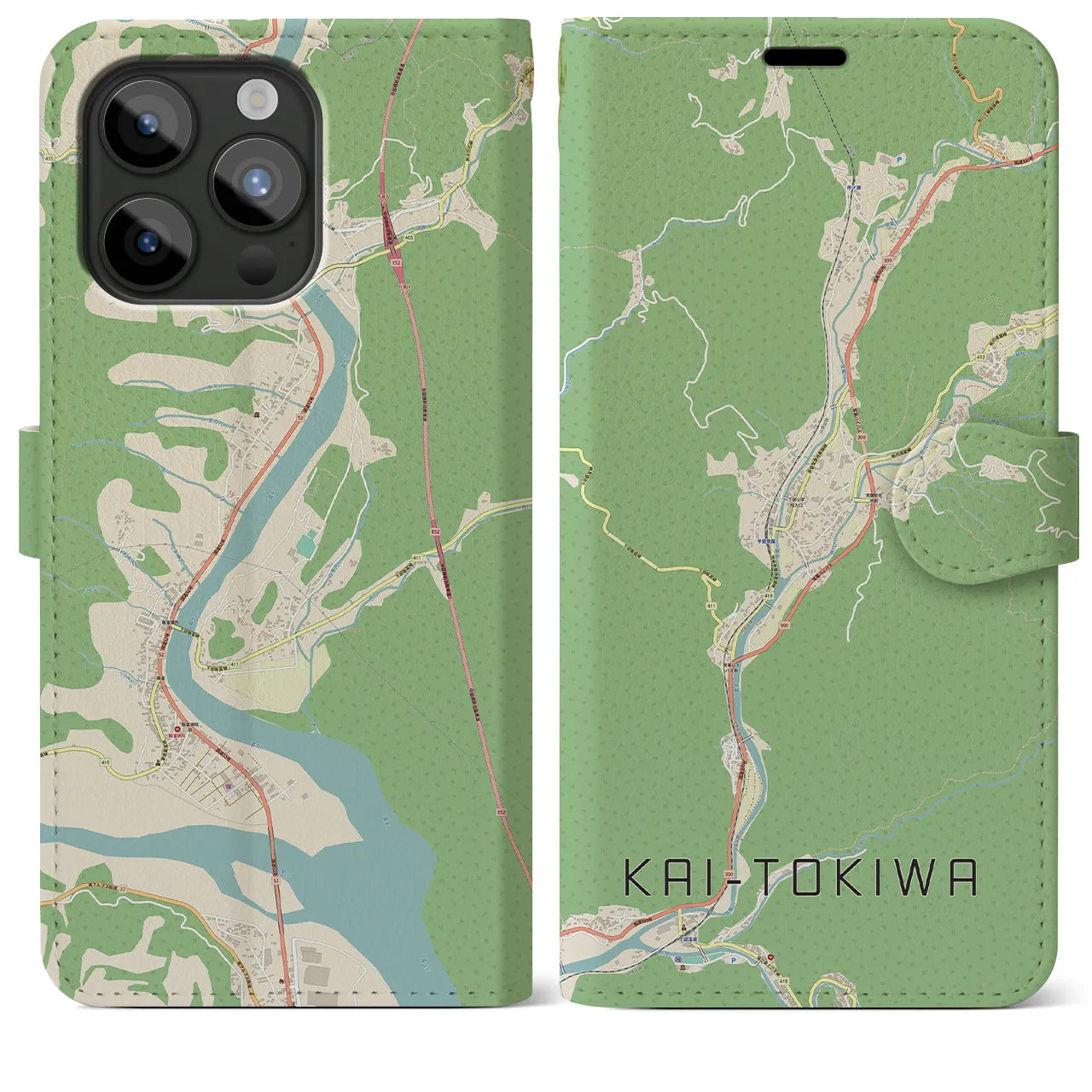 【甲斐常葉(山梨県)】地図柄iPhoneケース(手帳タイプ)ナチュラル・iPhone 15 Pro Max 用
