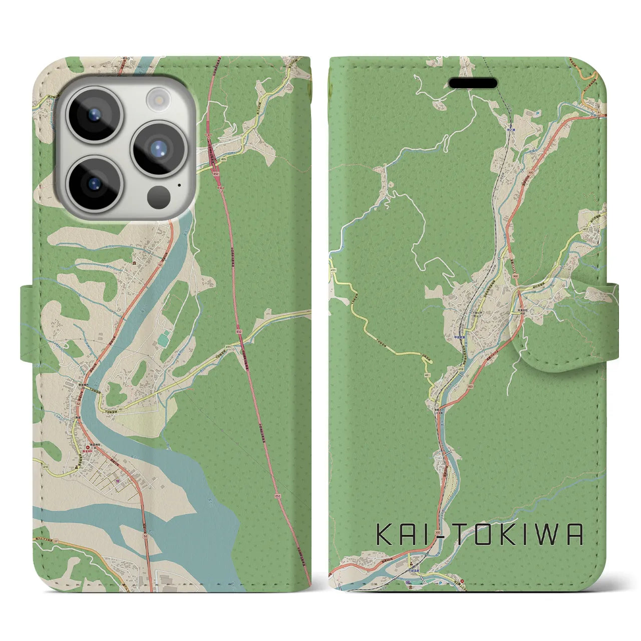 【甲斐常葉(山梨県)】地図柄iPhoneケース(手帳タイプ)ナチュラル・iPhone 15 Pro 用