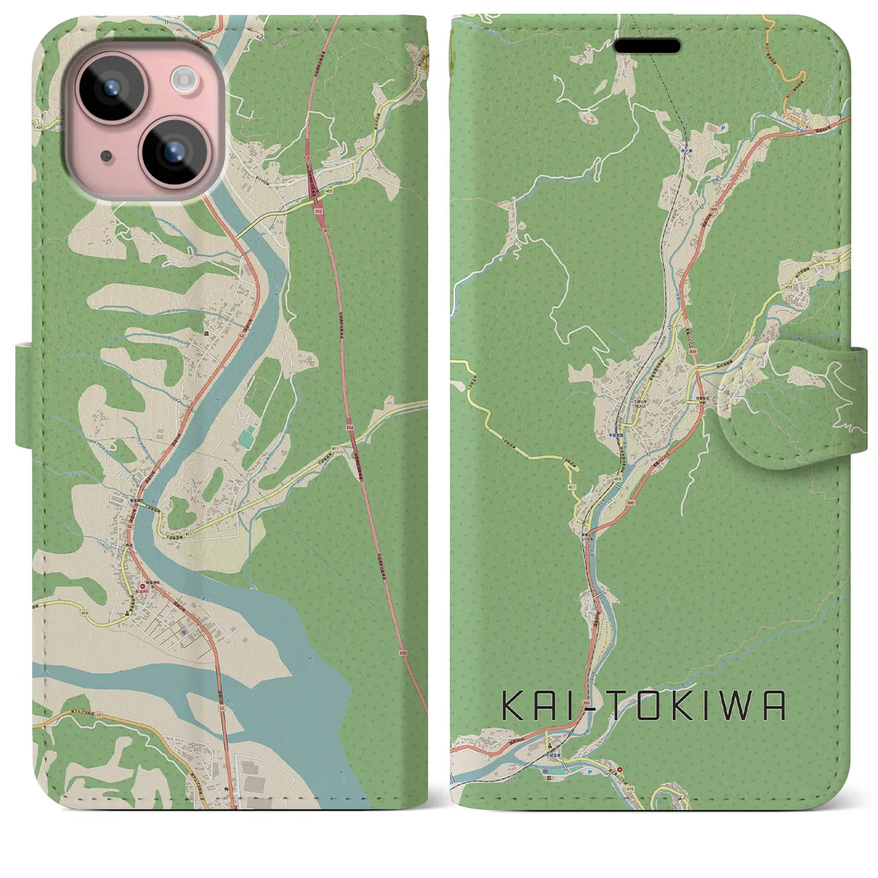 【甲斐常葉(山梨県)】地図柄iPhoneケース(手帳タイプ)ナチュラル・iPhone 15 Plus 用