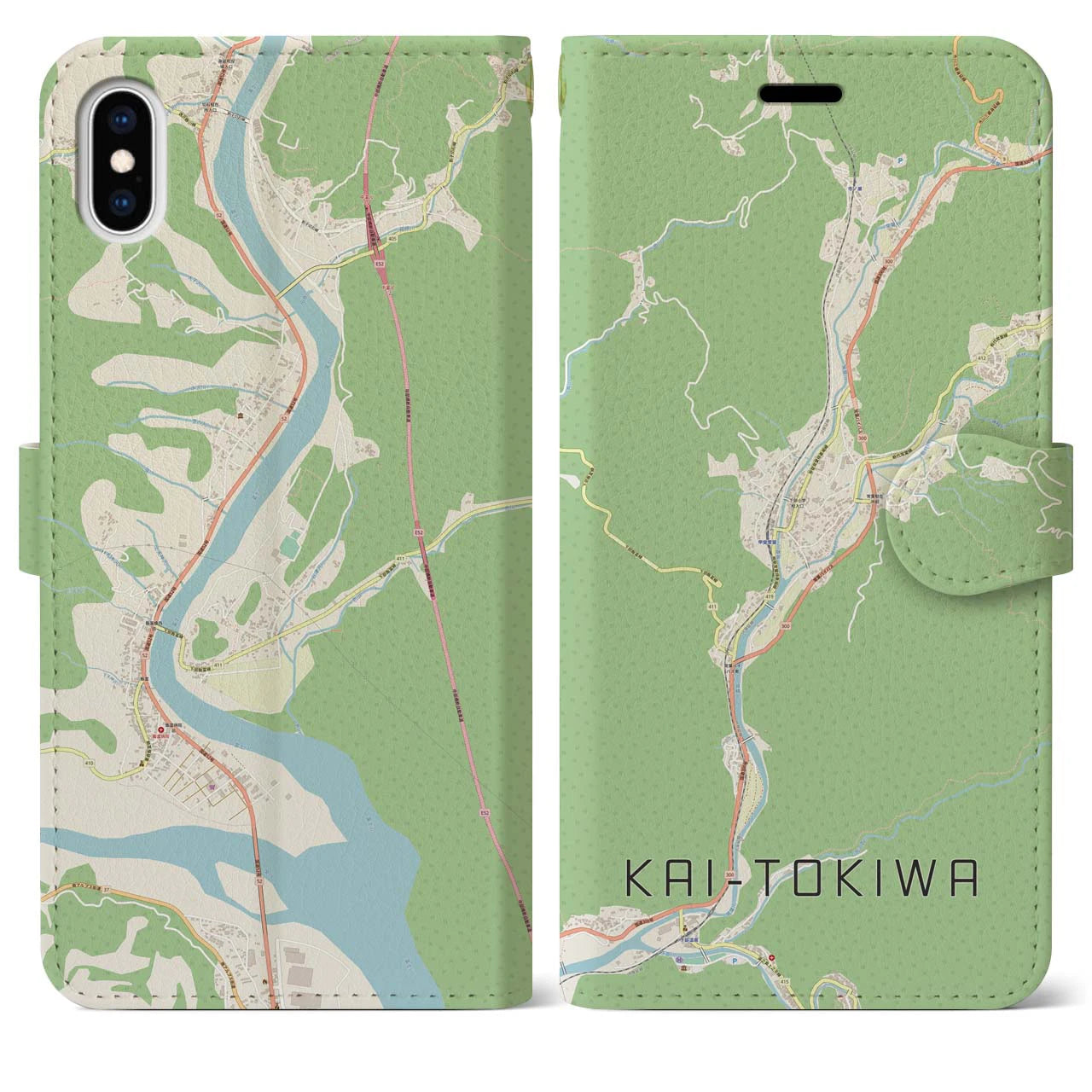 【甲斐常葉(山梨県)】地図柄iPhoneケース(手帳タイプ)ナチュラル・iPhone XS Max 用