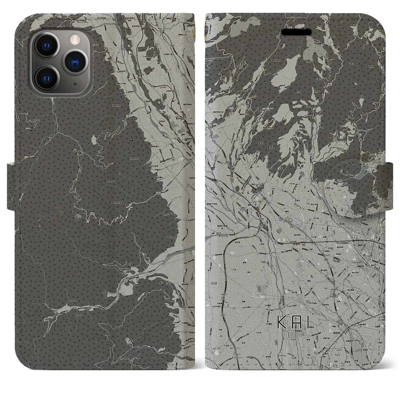 【甲斐(山梨県)】地図柄iPhoneケース(手帳タイプ)モノトーン・iPhone 11 Pro Max 用