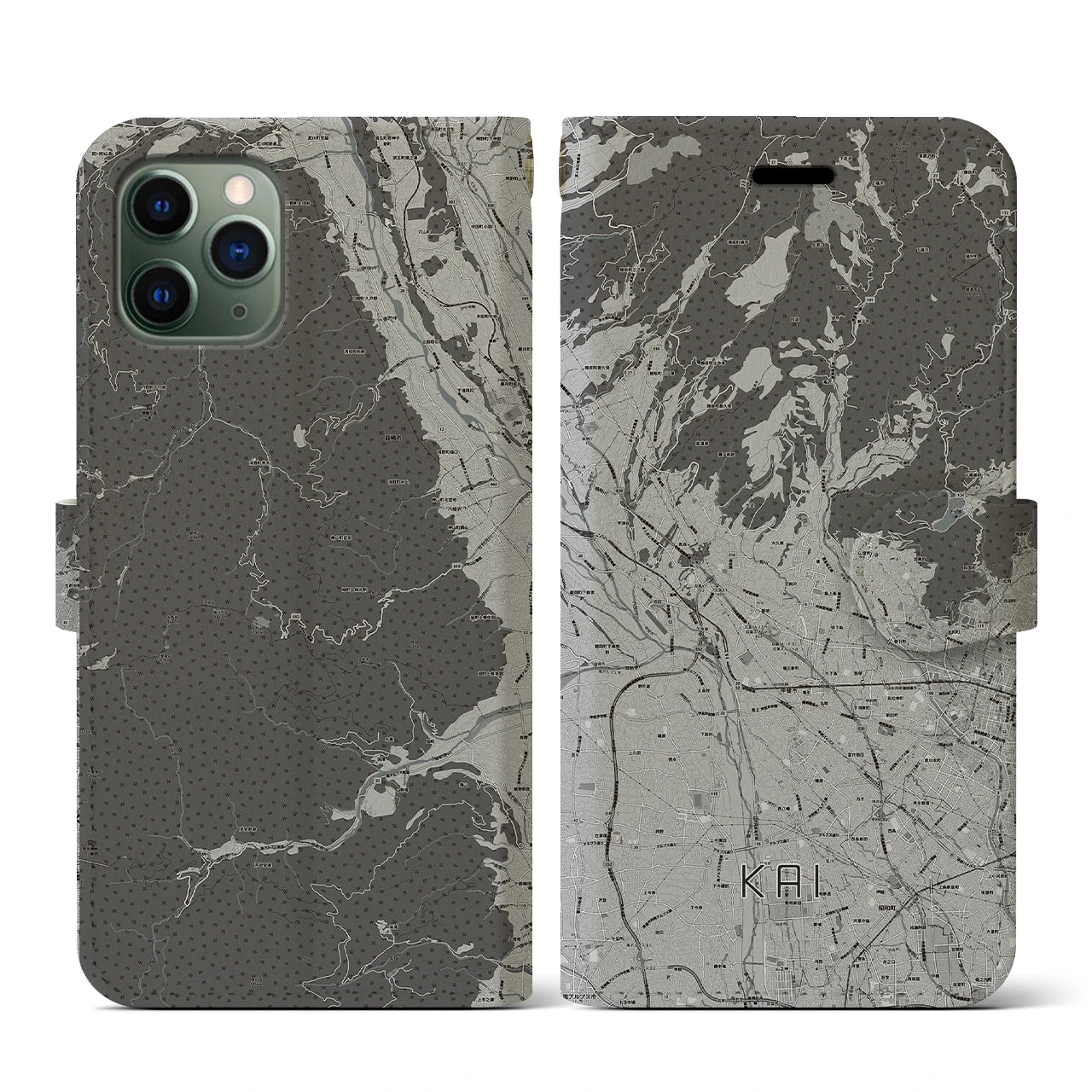 【甲斐(山梨県)】地図柄iPhoneケース(手帳タイプ)モノトーン・iPhone 11 Pro 用