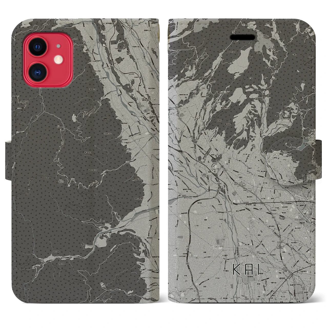【甲斐(山梨県)】地図柄iPhoneケース(手帳タイプ)モノトーン・iPhone 11 用