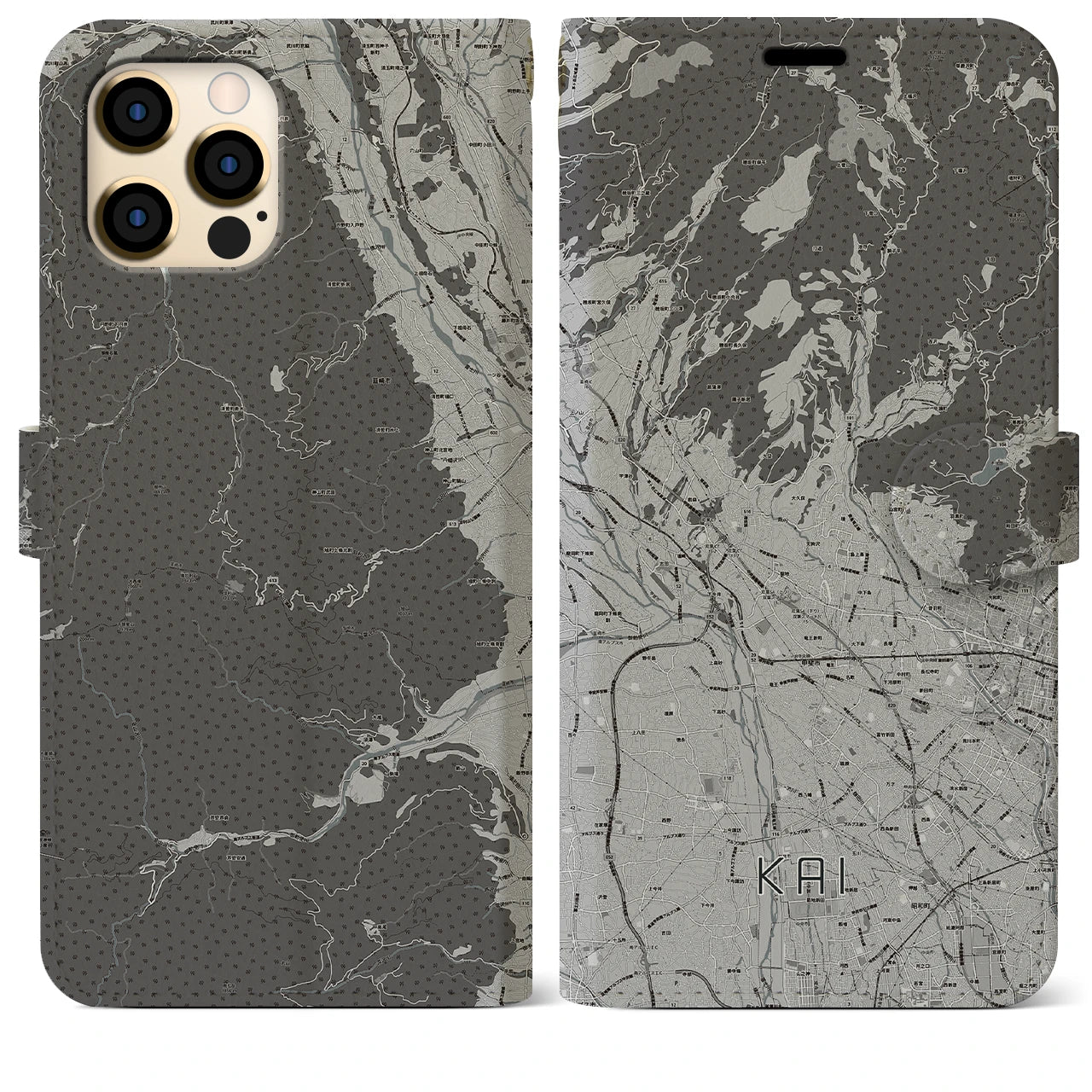 【甲斐(山梨県)】地図柄iPhoneケース(手帳タイプ)モノトーン・iPhone 12 Pro Max 用