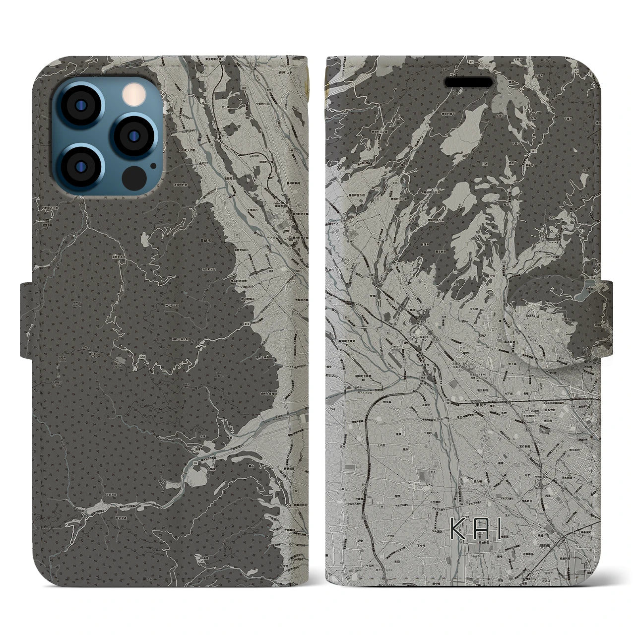 【甲斐(山梨県)】地図柄iPhoneケース(手帳タイプ)モノトーン・iPhone 12 / 12 Pro 用