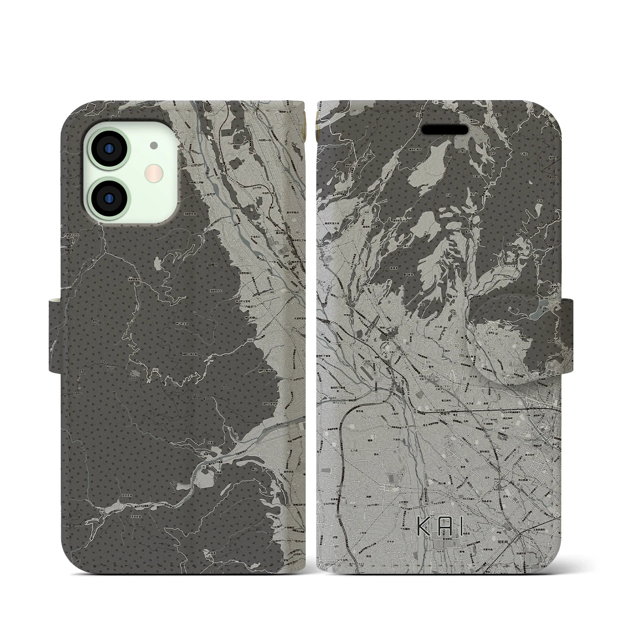 【甲斐(山梨県)】地図柄iPhoneケース(手帳タイプ)モノトーン・iPhone 12 mini 用