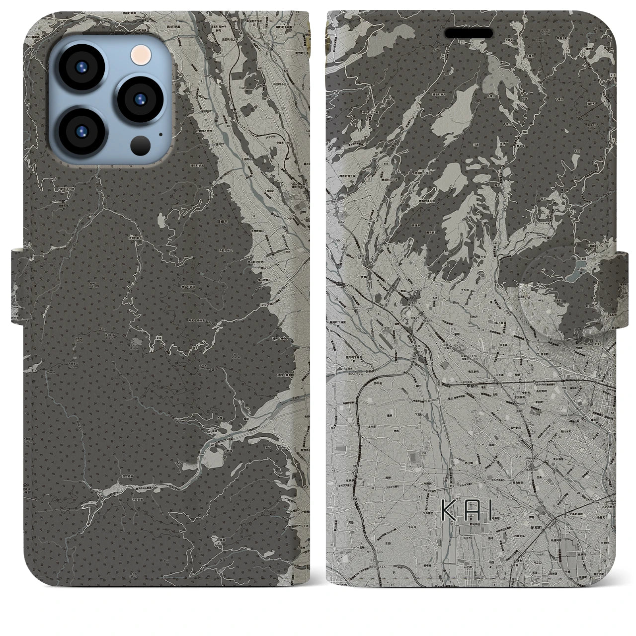【甲斐(山梨県)】地図柄iPhoneケース(手帳タイプ)モノトーン・iPhone 13 Pro Max 用