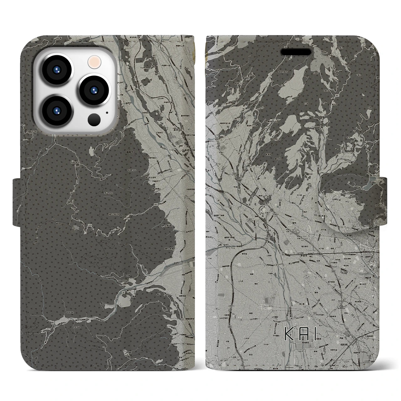 【甲斐(山梨県)】地図柄iPhoneケース(手帳タイプ)モノトーン・iPhone 13 Pro 用