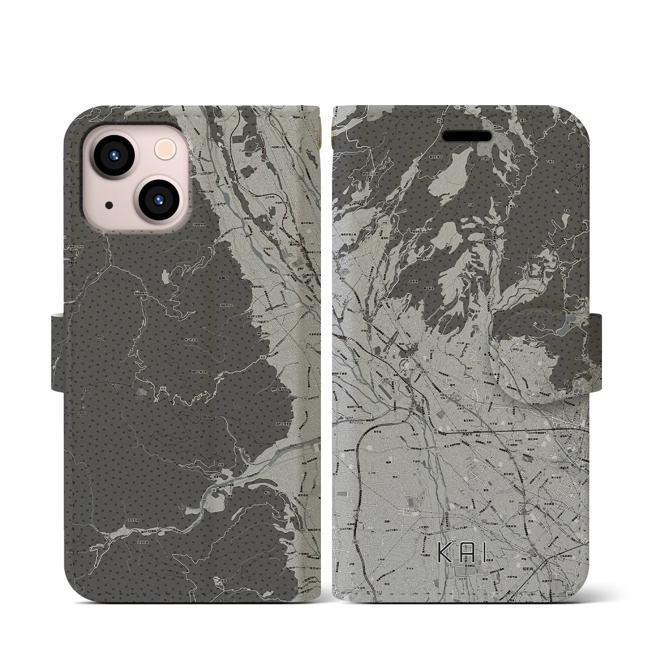【甲斐(山梨県)】地図柄iPhoneケース(手帳タイプ)モノトーン・iPhone 13 mini 用