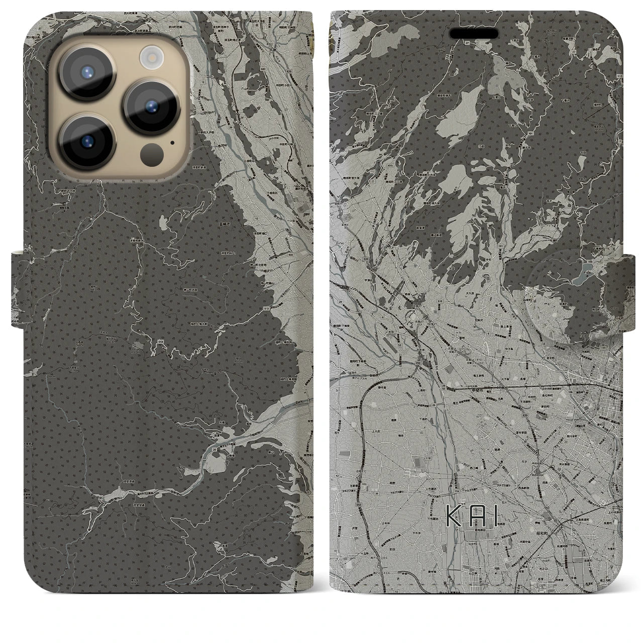 【甲斐(山梨県)】地図柄iPhoneケース(手帳タイプ)モノトーン・iPhone 14 Pro Max 用