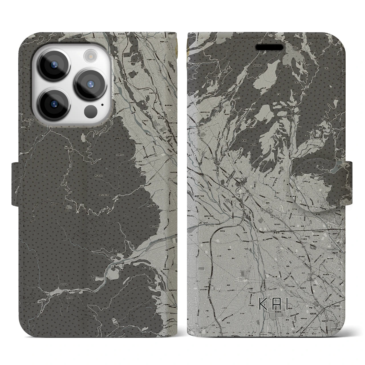 【甲斐(山梨県)】地図柄iPhoneケース(手帳タイプ)モノトーン・iPhone 14 Pro 用