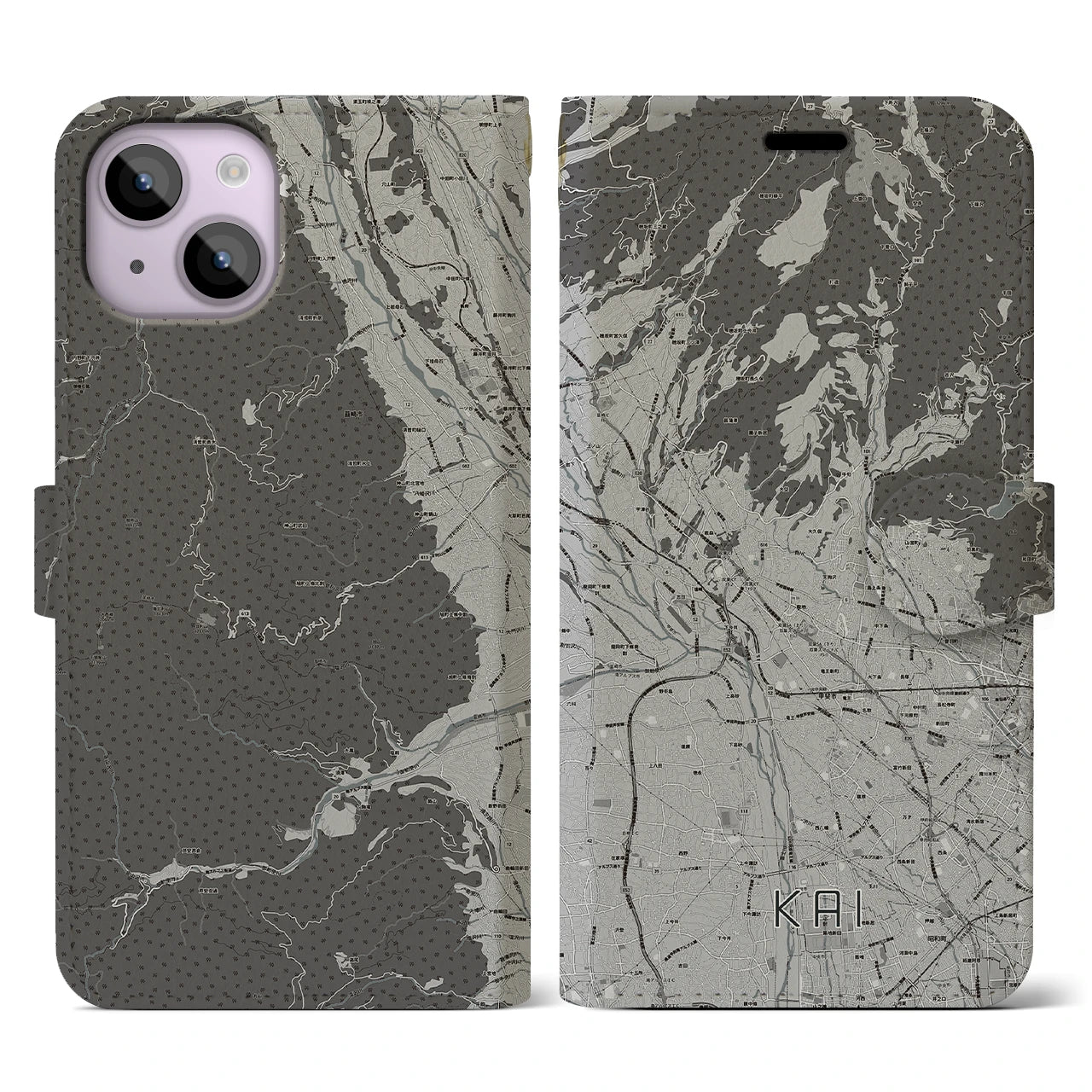 【甲斐(山梨県)】地図柄iPhoneケース(手帳タイプ)モノトーン・iPhone 14 用