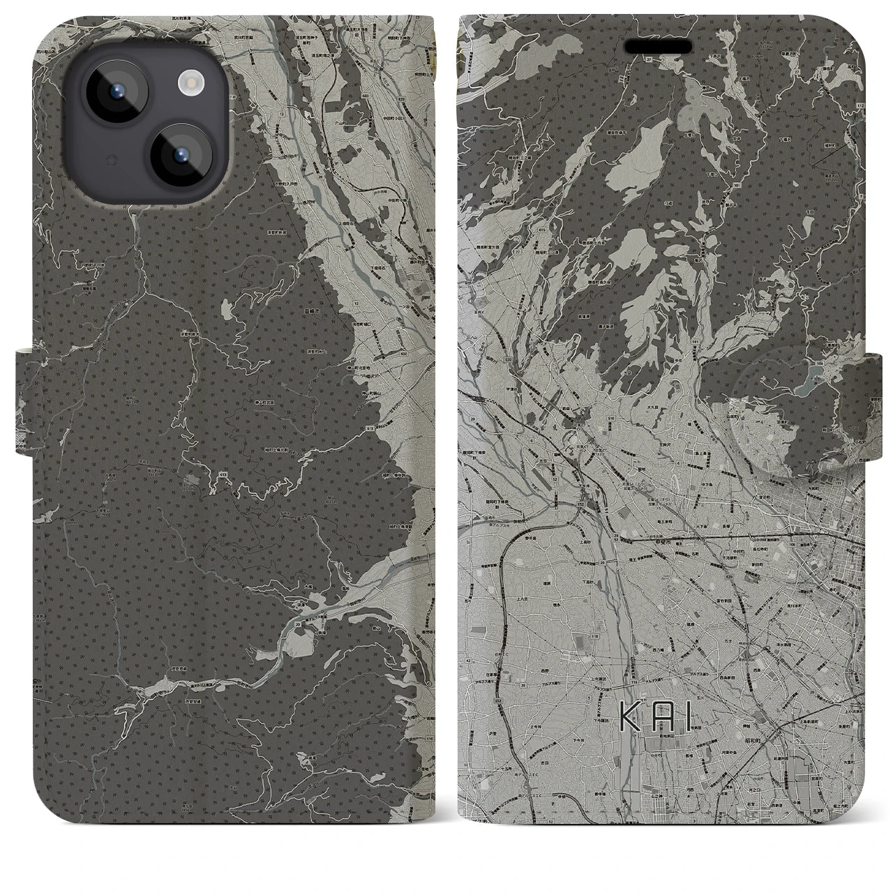 【甲斐(山梨県)】地図柄iPhoneケース(手帳タイプ)モノトーン・iPhone 14 Plus 用