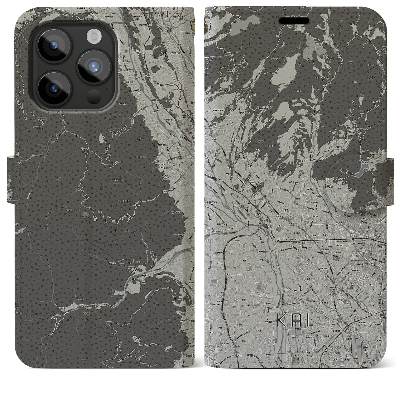 【甲斐(山梨県)】地図柄iPhoneケース(手帳タイプ)モノトーン・iPhone 15 Pro Max 用