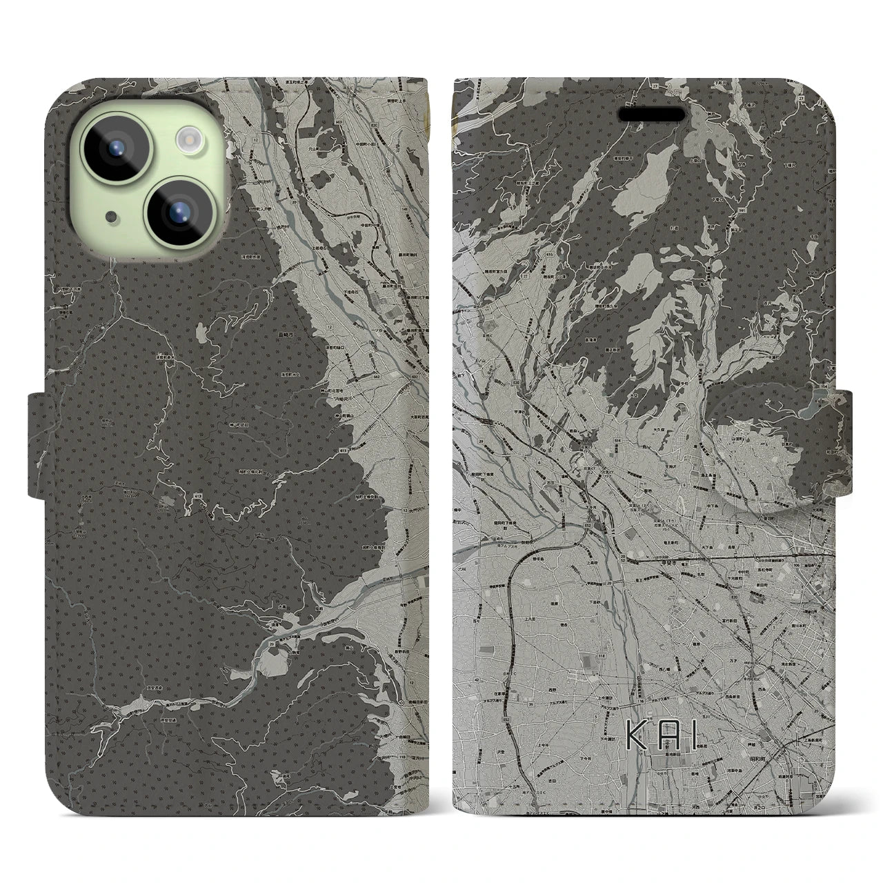【甲斐(山梨県)】地図柄iPhoneケース(手帳タイプ)モノトーン・iPhone 15 用