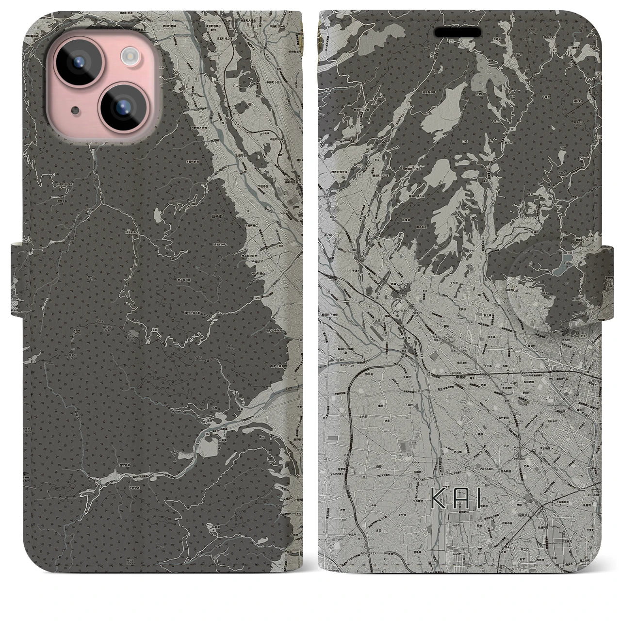 【甲斐(山梨県)】地図柄iPhoneケース(手帳タイプ)モノトーン・iPhone 15 Plus 用