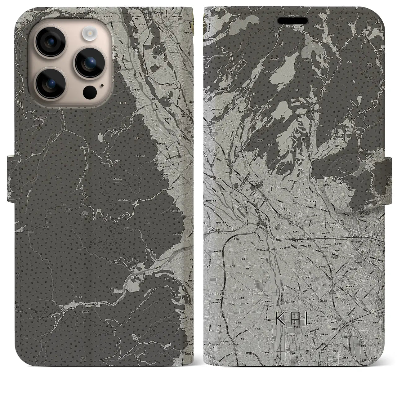 【甲斐(山梨県)】地図柄iPhoneケース(手帳タイプ)モノトーン・iPhone 16 Plus 用