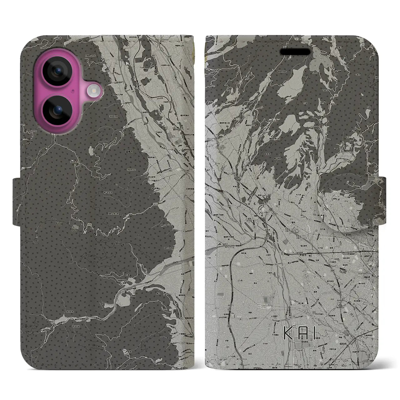 【甲斐(山梨県)】地図柄iPhoneケース(手帳タイプ)モノトーン・iPhone 16 Pro 用