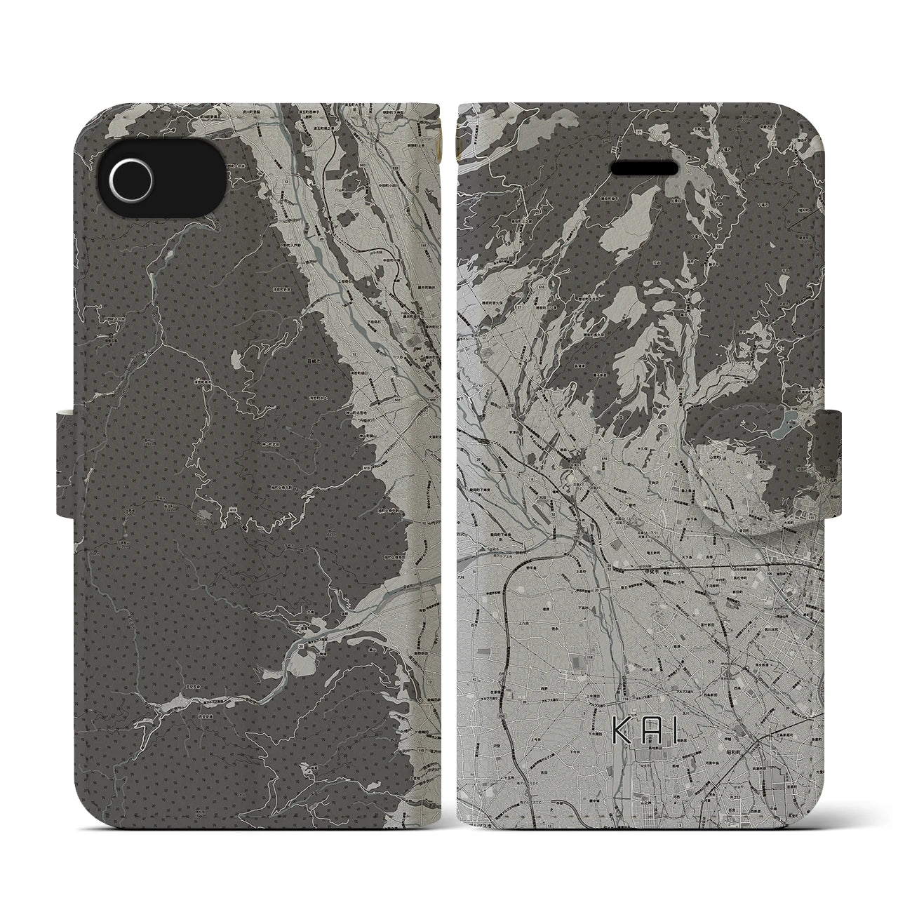 【甲斐(山梨県)】地図柄iPhoneケース(手帳タイプ)モノトーン・iPhone SE(第3 / 第2世代) / 8 / 7 / 6s / 6 用