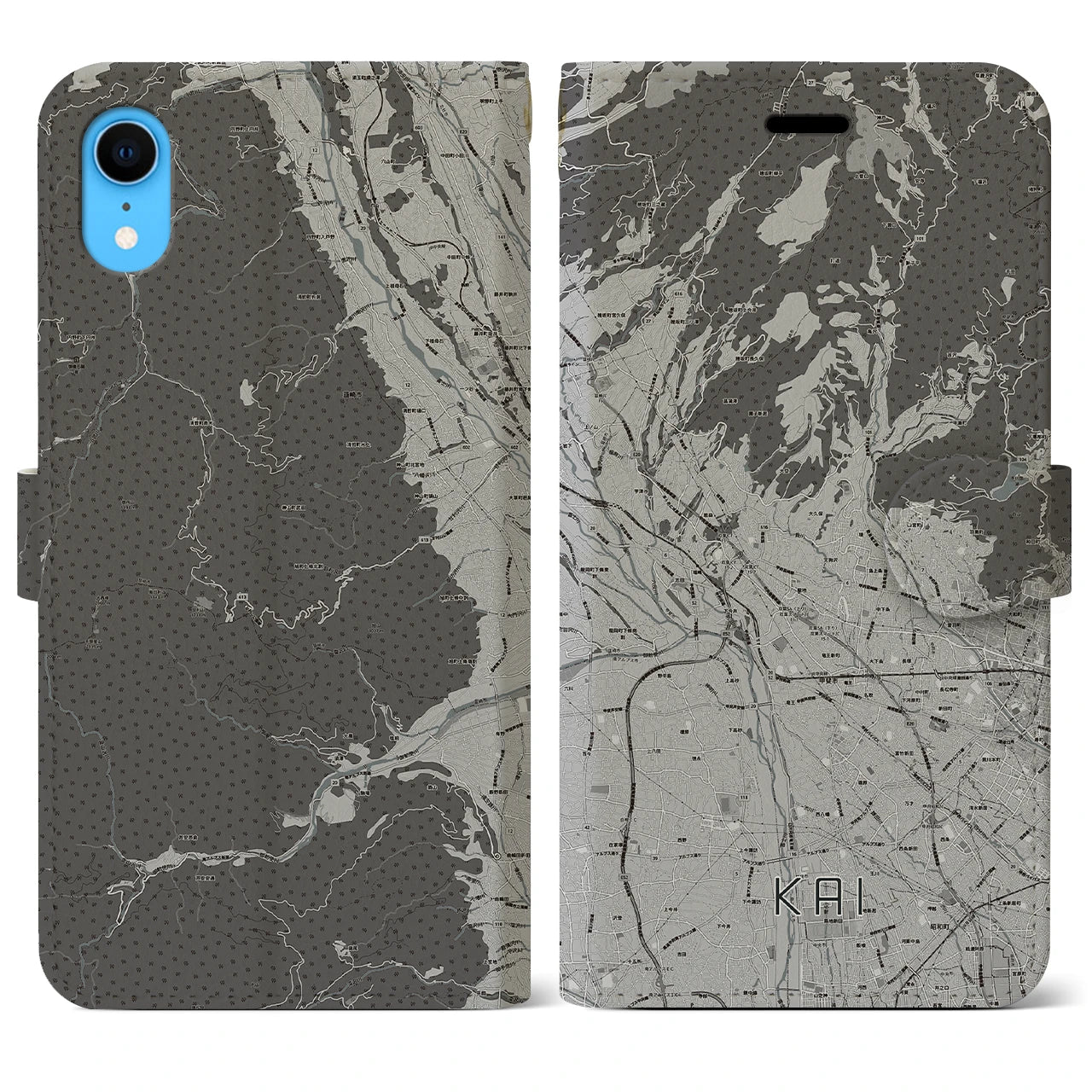 【甲斐(山梨県)】地図柄iPhoneケース(手帳タイプ)モノトーン・iPhone XR 用