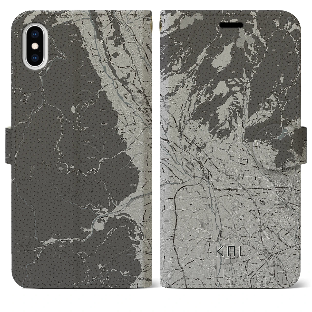 【甲斐(山梨県)】地図柄iPhoneケース(手帳タイプ)モノトーン・iPhone XS Max 用