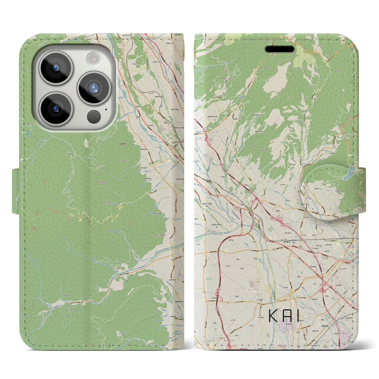 【甲斐(山梨県)】地図柄iPhoneケース(手帳タイプ)ナチュラル・iPhone 15 Pro 用