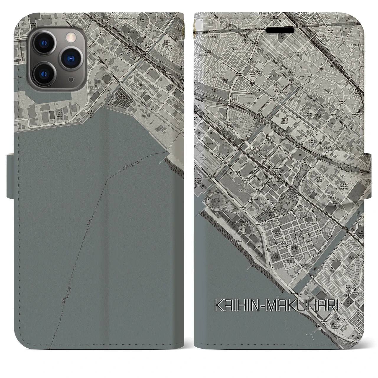 【海浜幕張(千葉県)】地図柄iPhoneケース(手帳タイプ)モノトーン・iPhone 11 Pro Max 用