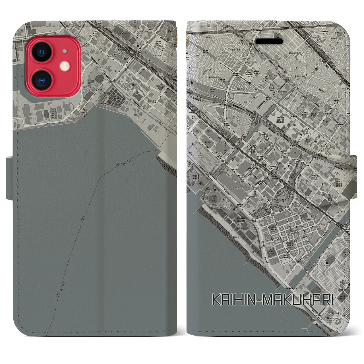 【海浜幕張(千葉県)】地図柄iPhoneケース(手帳タイプ)モノトーン・iPhone 11 用