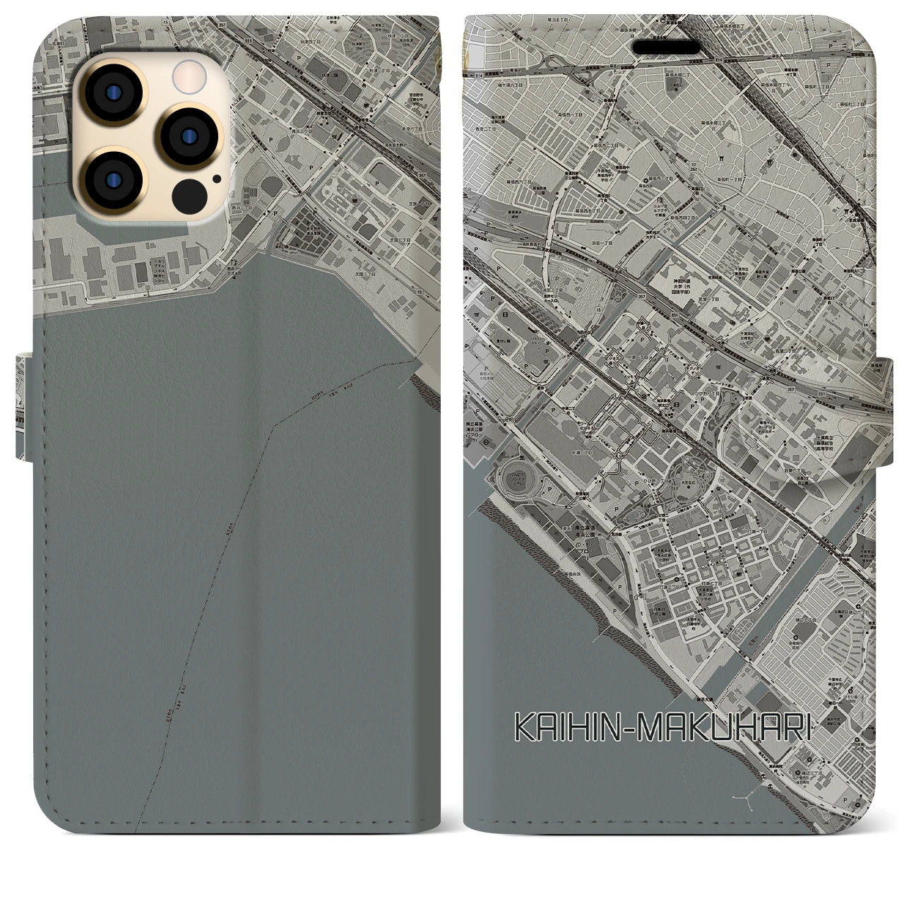 【海浜幕張(千葉県)】地図柄iPhoneケース(手帳タイプ)モノトーン・iPhone 12 Pro Max 用