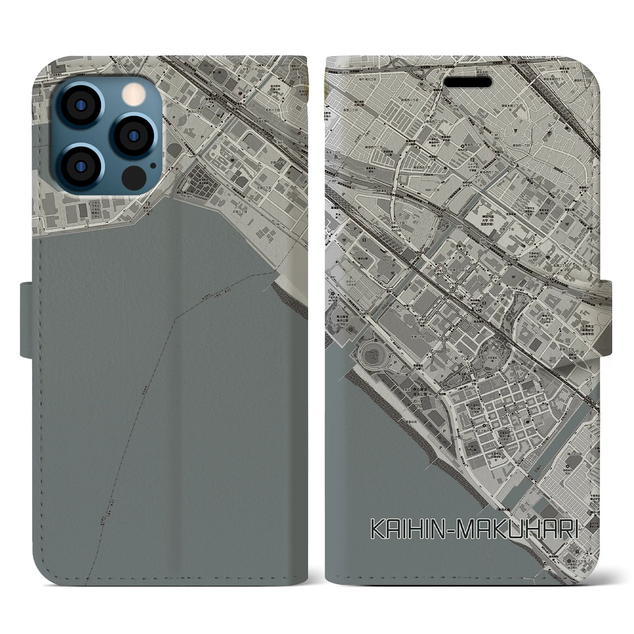 【海浜幕張(千葉県)】地図柄iPhoneケース(手帳タイプ)モノトーン・iPhone 12 / 12 Pro 用