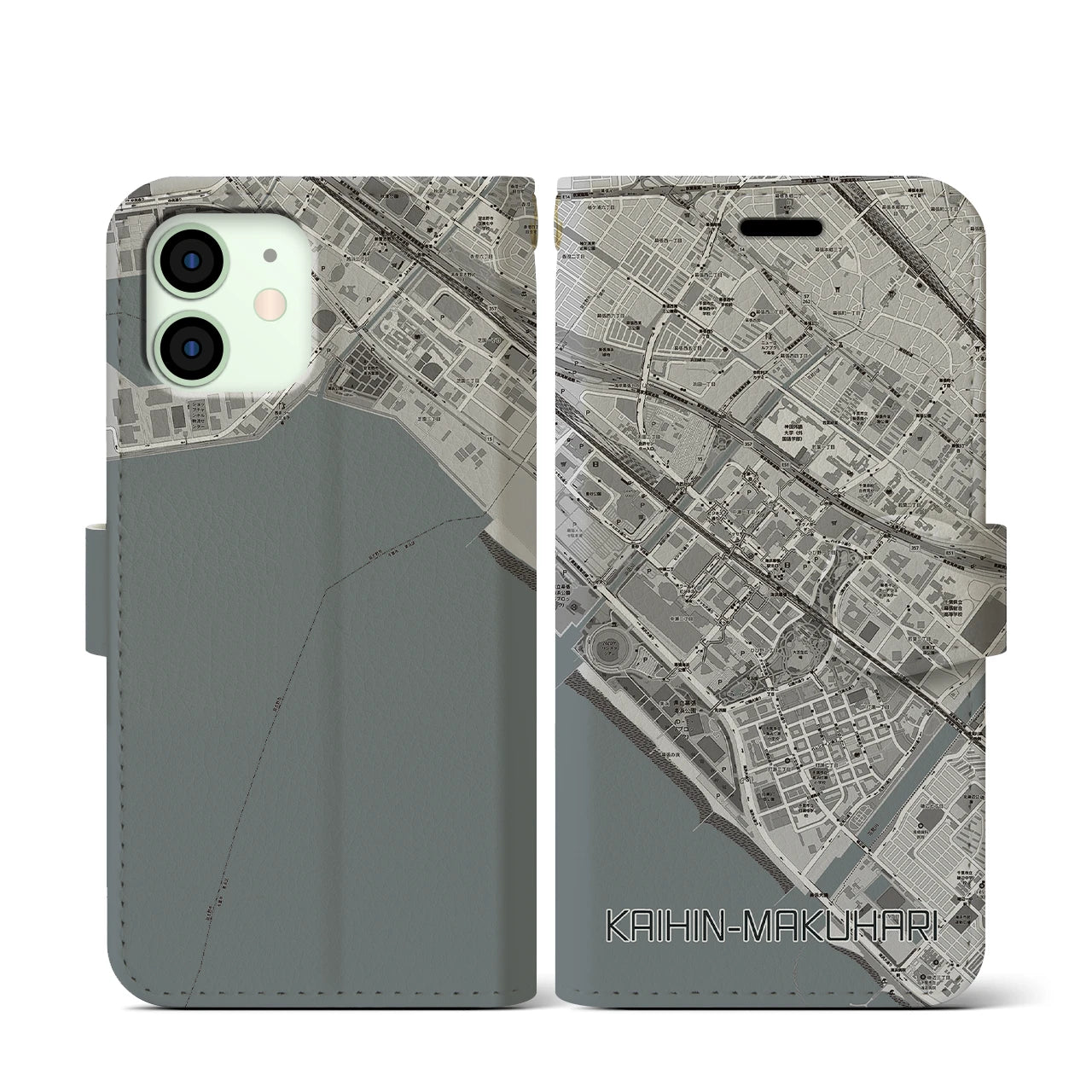 【海浜幕張(千葉県)】地図柄iPhoneケース(手帳タイプ)モノトーン・iPhone 12 mini 用