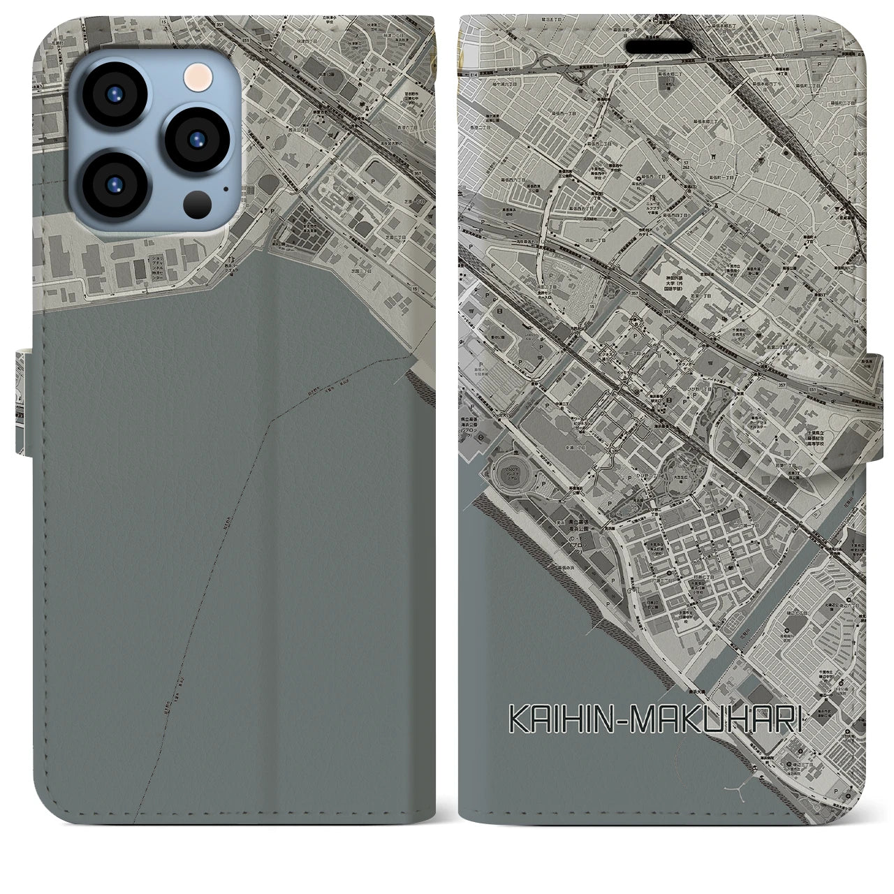 【海浜幕張(千葉県)】地図柄iPhoneケース(手帳タイプ)モノトーン・iPhone 13 Pro Max 用
