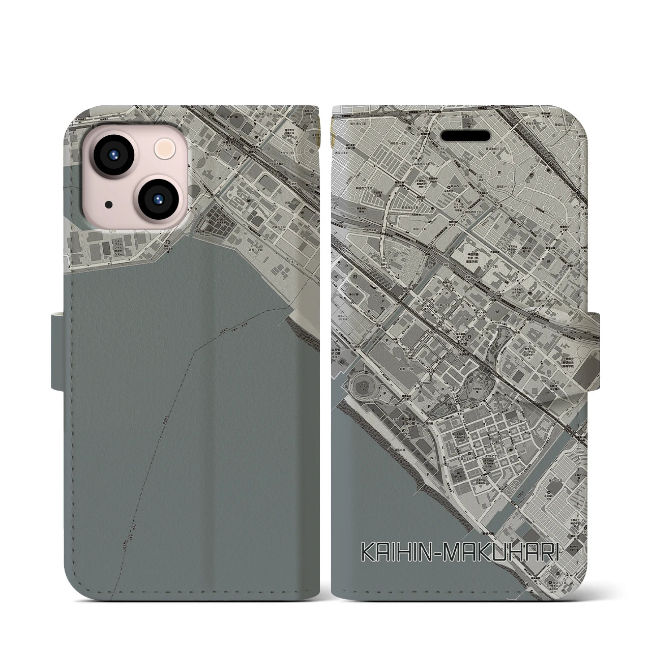 【海浜幕張(千葉県)】地図柄iPhoneケース(手帳タイプ)モノトーン・iPhone 13 mini 用