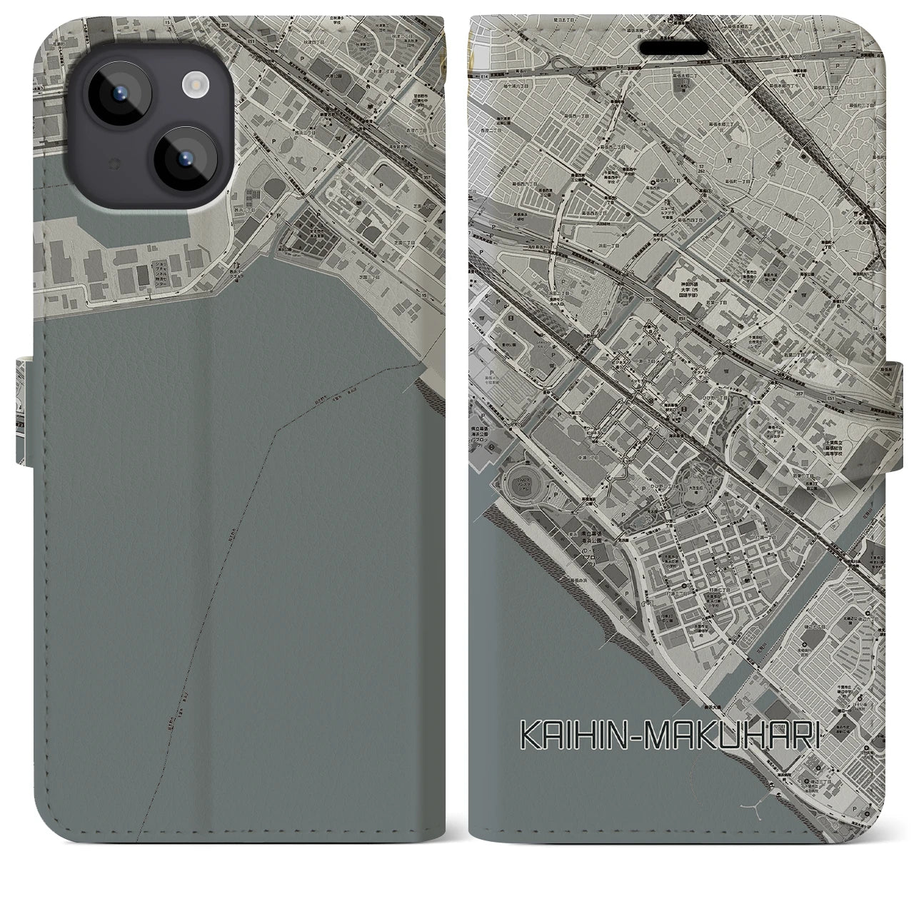 【海浜幕張(千葉県)】地図柄iPhoneケース(手帳タイプ)モノトーン・iPhone 14 Plus 用