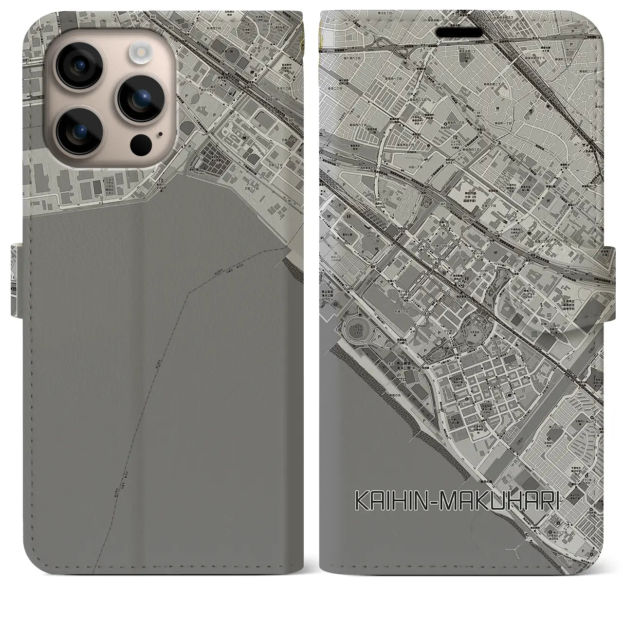 【海浜幕張(千葉県)】地図柄iPhoneケース(手帳タイプ)モノトーン・iPhone 16 Plus 用