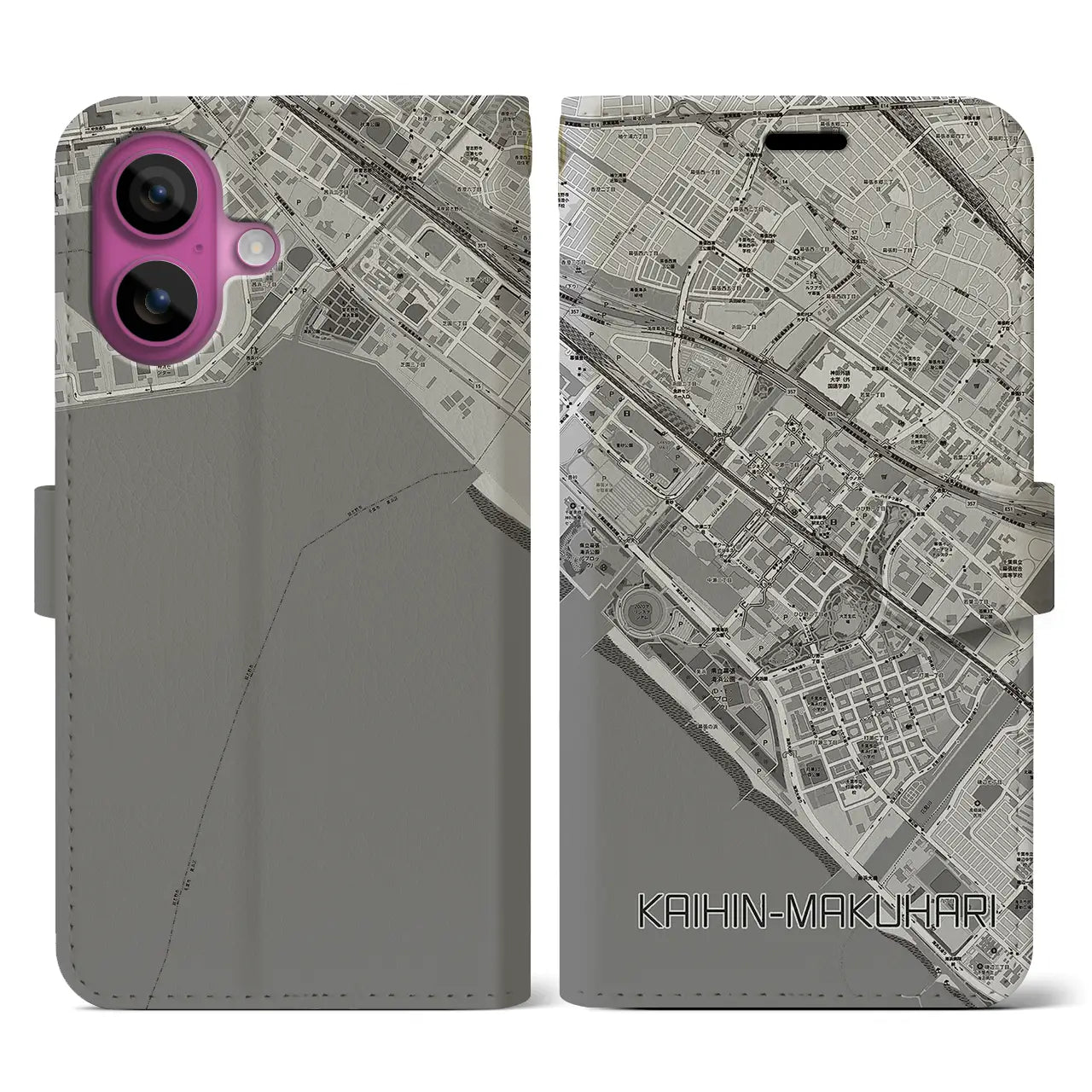 【海浜幕張(千葉県)】地図柄iPhoneケース(手帳タイプ)モノトーン・iPhone 16 Pro 用