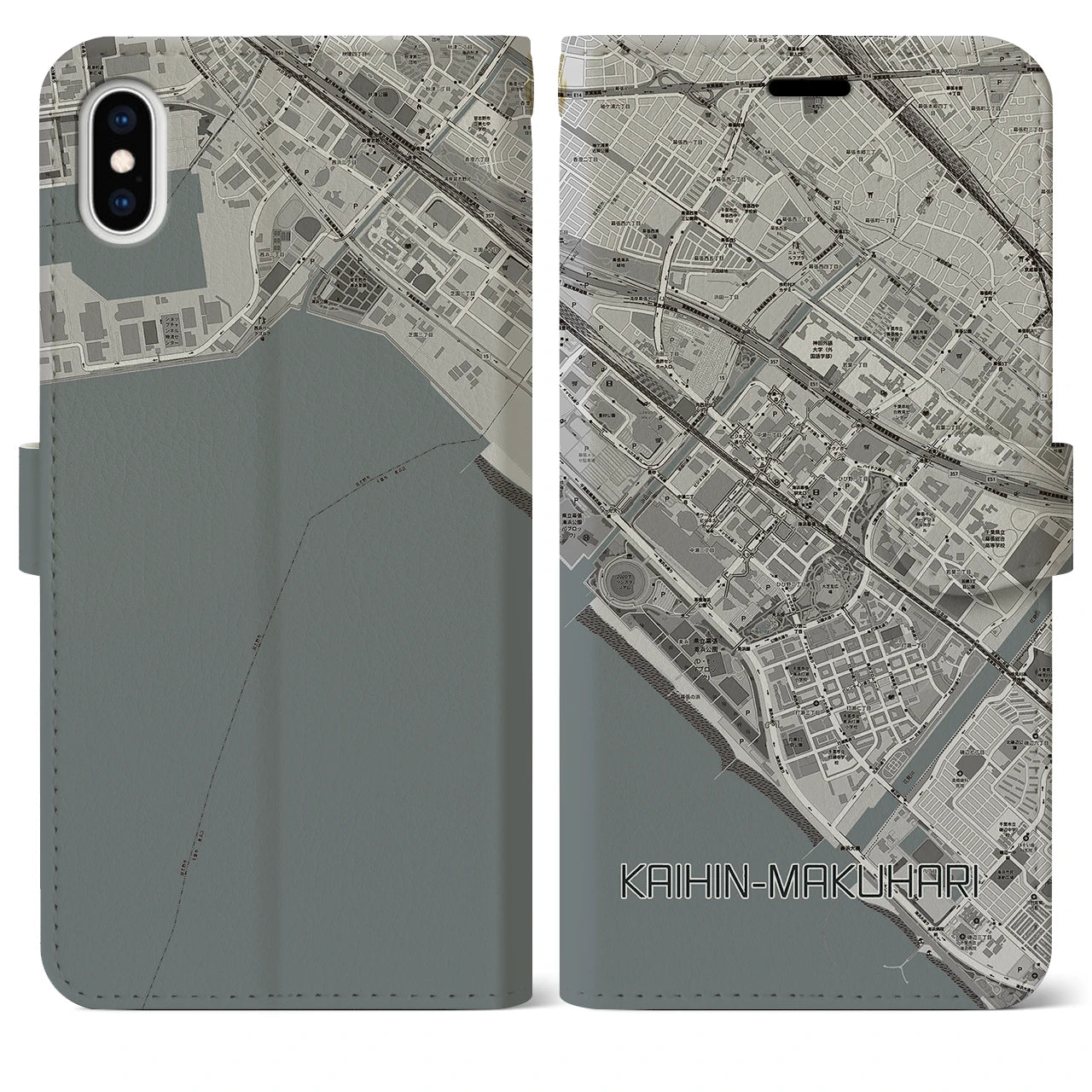 【海浜幕張(千葉県)】地図柄iPhoneケース(手帳タイプ)モノトーン・iPhone XS Max 用