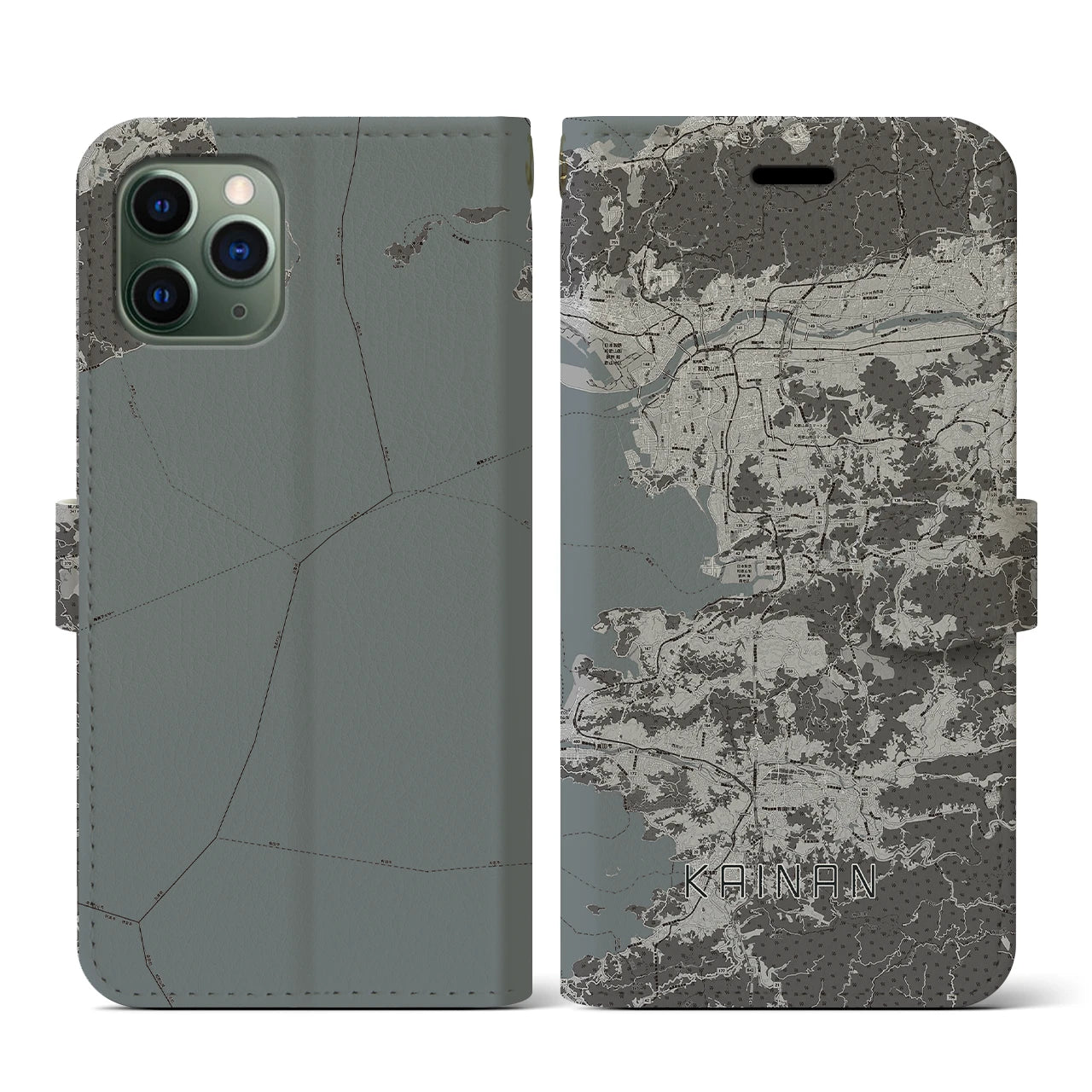 【海南(和歌山県)】地図柄iPhoneケース(手帳タイプ)モノトーン・iPhone 11 Pro 用