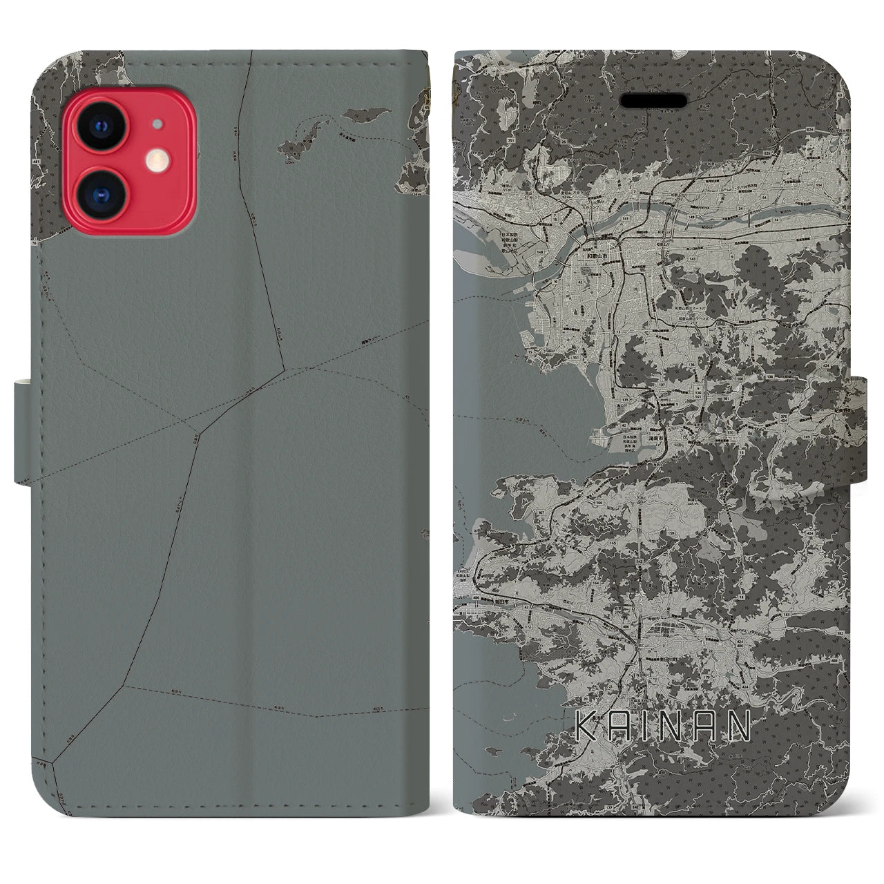 【海南(和歌山県)】地図柄iPhoneケース(手帳タイプ)モノトーン・iPhone 11 用