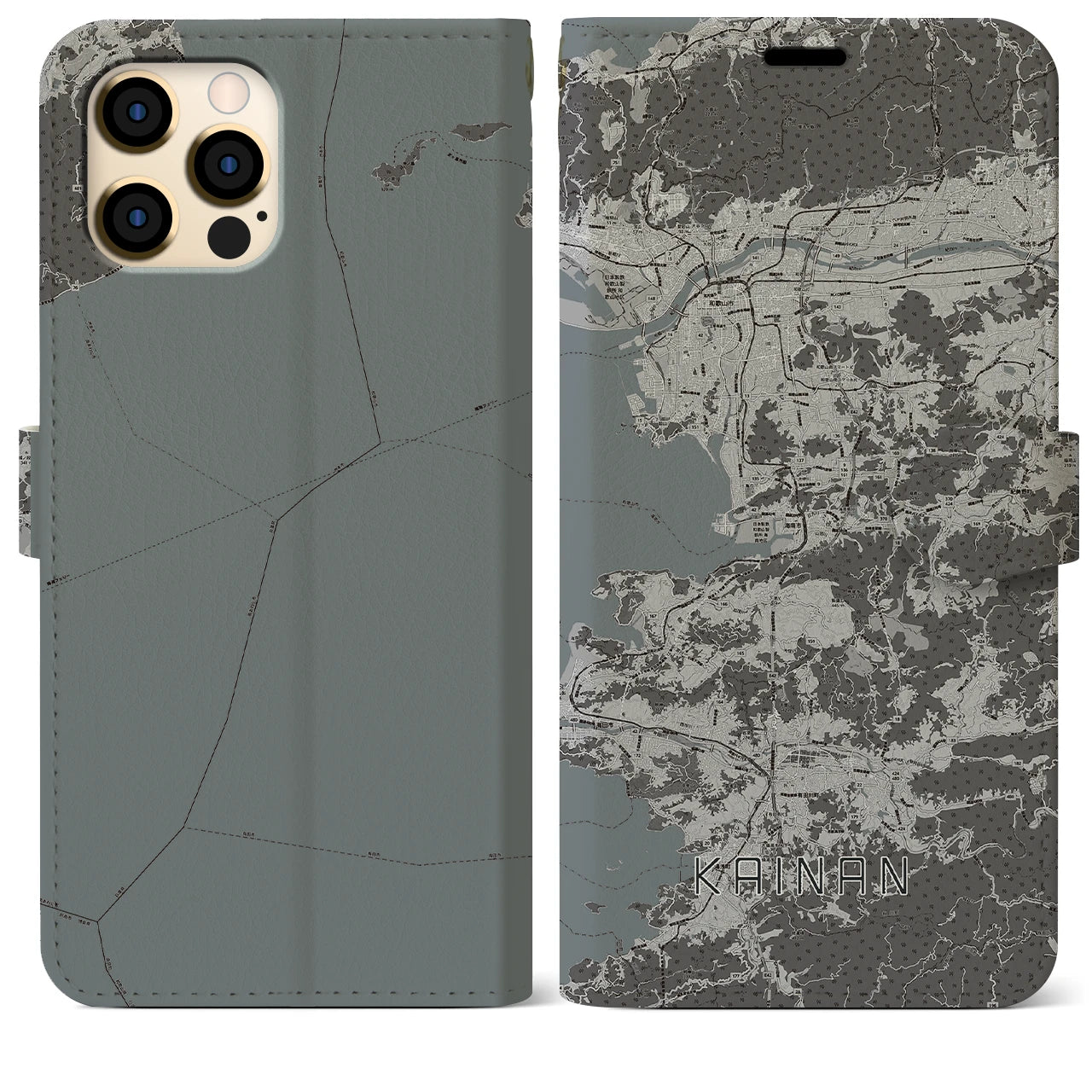 【海南(和歌山県)】地図柄iPhoneケース(手帳タイプ)モノトーン・iPhone 12 Pro Max 用