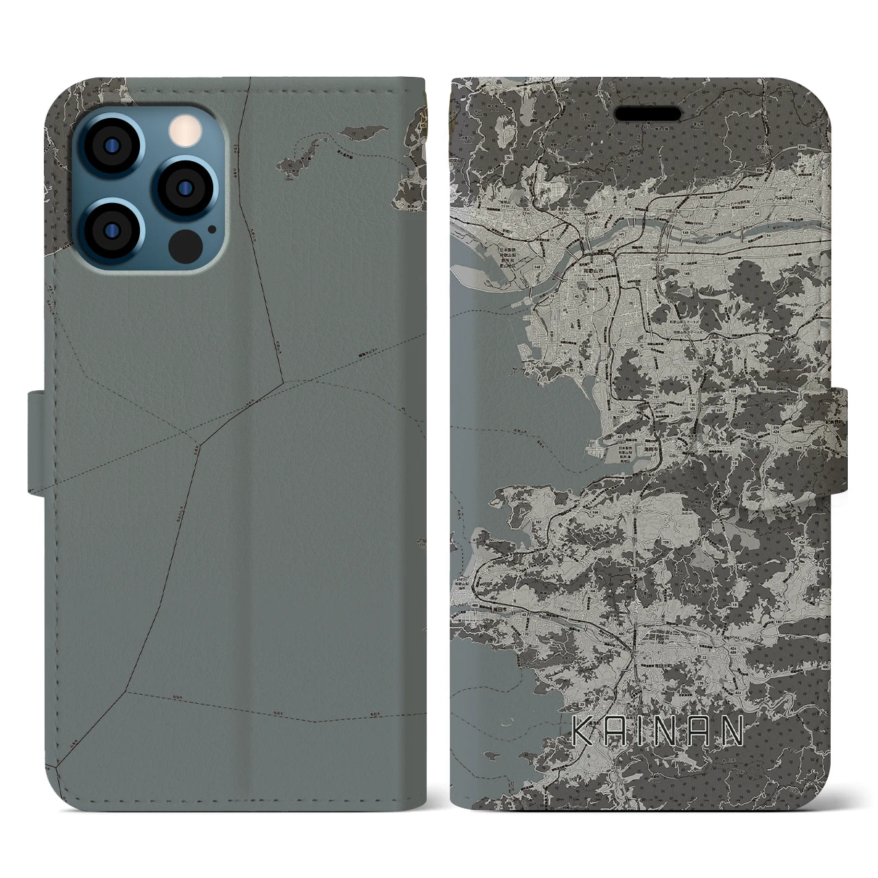 【海南(和歌山県)】地図柄iPhoneケース(手帳タイプ)モノトーン・iPhone 12 / 12 Pro 用
