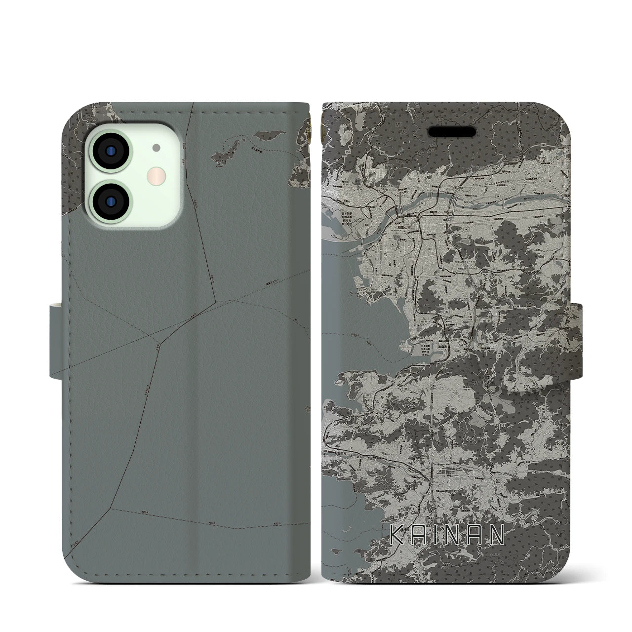【海南(和歌山県)】地図柄iPhoneケース(手帳タイプ)モノトーン・iPhone 12 mini 用