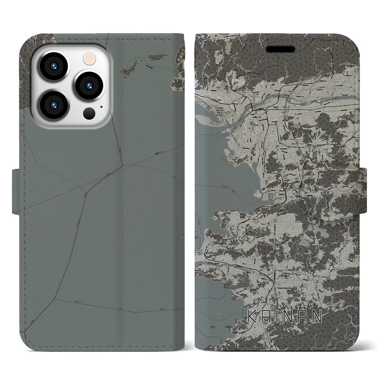 【海南(和歌山県)】地図柄iPhoneケース(手帳タイプ)モノトーン・iPhone 13 Pro 用