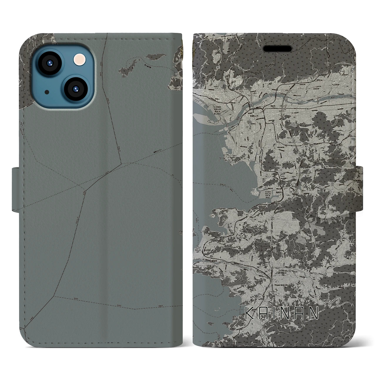 【海南(和歌山県)】地図柄iPhoneケース(手帳タイプ)モノトーン・iPhone 13 用
