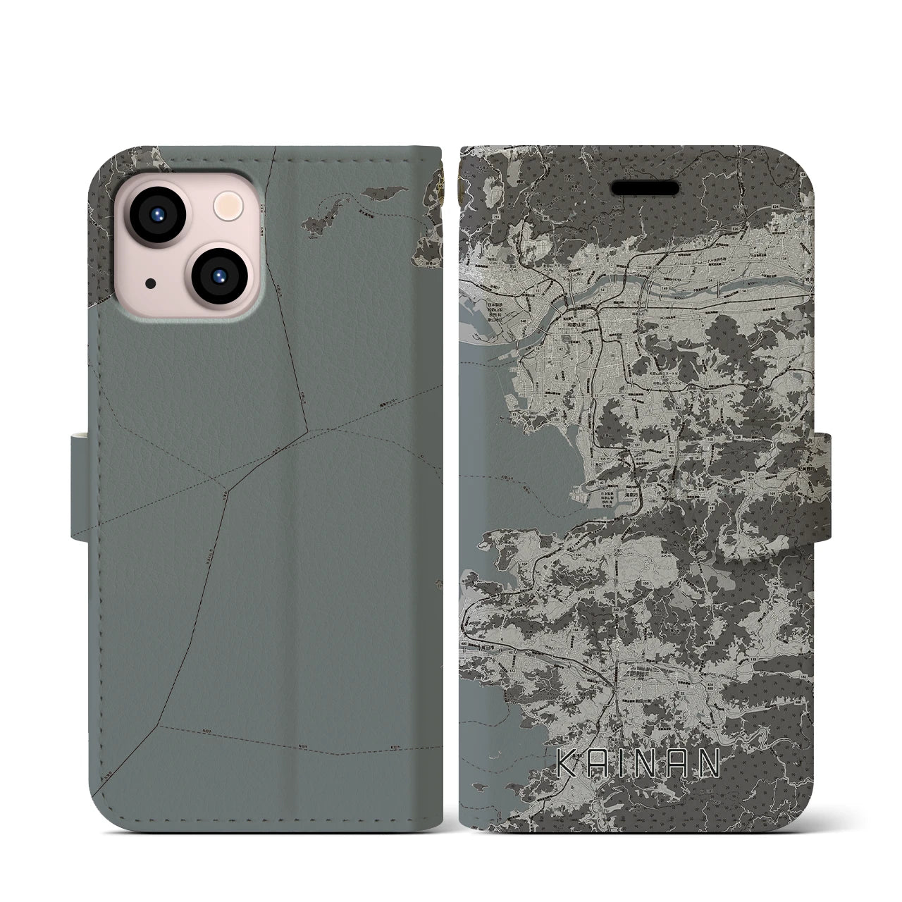 【海南(和歌山県)】地図柄iPhoneケース(手帳タイプ)モノトーン・iPhone 13 mini 用