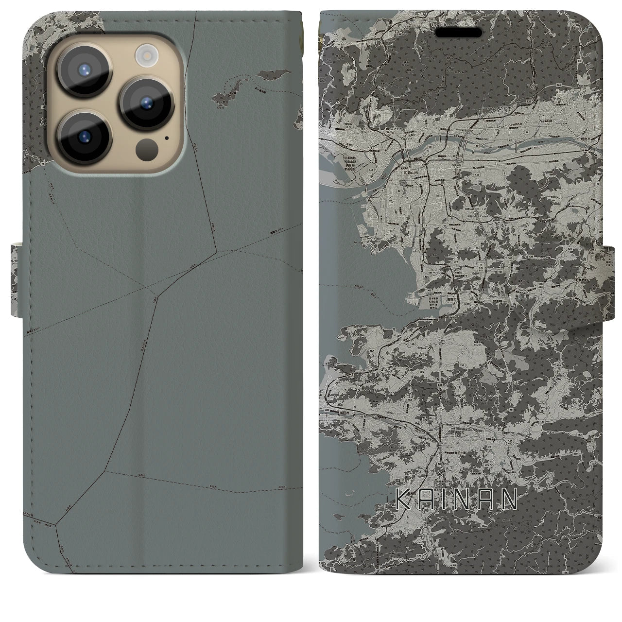 【海南(和歌山県)】地図柄iPhoneケース(手帳タイプ)モノトーン・iPhone 14 Pro Max 用
